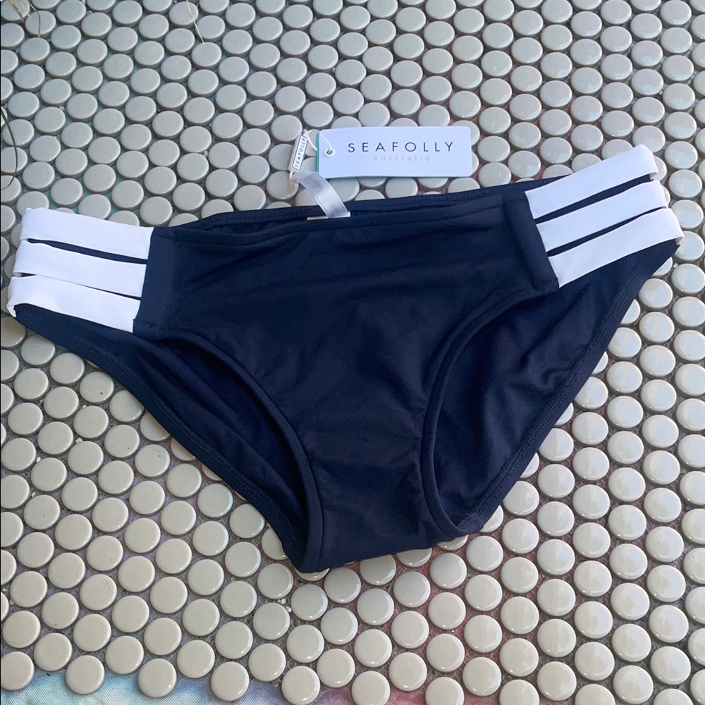 Seafolly SZ US 8 / AU 12 NWT Indigo Block Party Multi Strap Hipster Bottoms